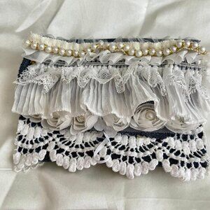 Hand Crafted Denim/Lace Small Clutch Pouch Purse ~ 8 inches wide